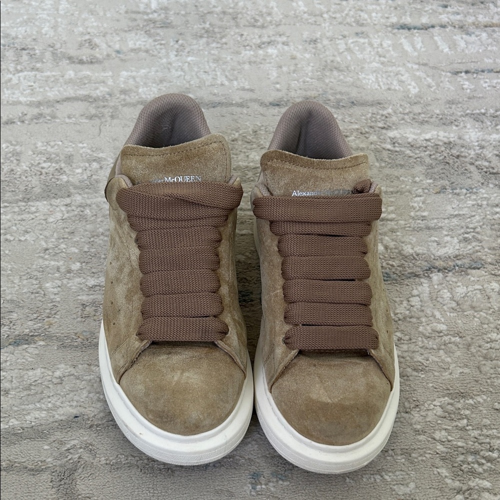 Alexander McQueen Women’s Taupe Suede Sneakers with Brown Laces
